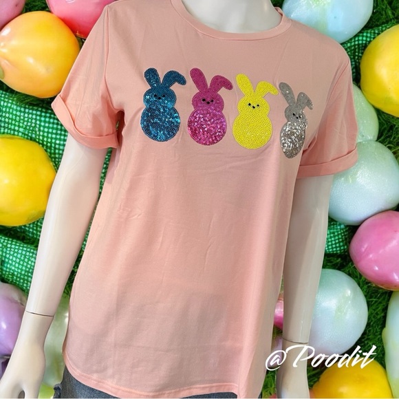 Peachy pink sequin bunny tee S M L XL 2XL - Picture 3 of 5